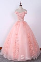 Blush Pink Long Prom Dresses Ball Gown Off-the-shoulder Lace Formal Evening Gowns SED119