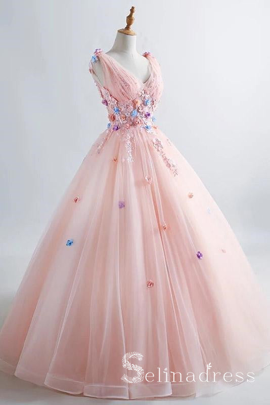 Blush Pink Princess Ball Gown 3D Floral Prom Dresses V-neck Boho Quinc –  SELINADRESS