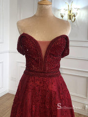 Burgundy A-line Long Prom Dresses Lace Evening Gowns Formal Dress SC019