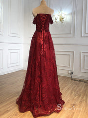Burgundy A-line Long Prom Dresses Lace Evening Gowns Formal Dress SC019