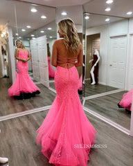 Mermaid Spaghetti Straps Hot Pink Long Prom Dress Lace Formal Dress JKSS19|Selinadress