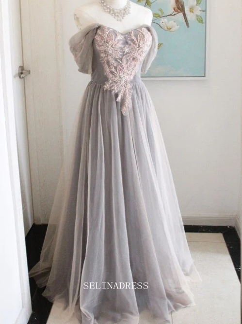 Chic A-line Gray Long Prom Dresses With Sleeves Plus Size Princess Evening Dress Long Formal Dress OSTY048|Selinadress