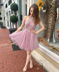 Chic A-Line Green Tulle Halter Short Homecoming Derss Backless #MHL082