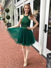 Chic A-Line Green Tulle Halter Short Homecoming Derss Backless #MHL082