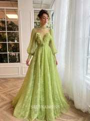 Chic A-line High Neck Romantic Lace Long Prom Dress Long Sleeve Charming Evening Gown #LOP203|Selinadress