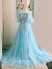 Chic A-line Off Shoulder Blue Tulle Long Prom Dresses Princess Evening Dress Long Formal Dress OSTY047|Selinadress