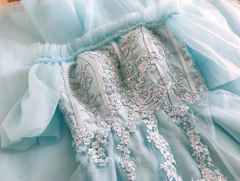 Chic A-line Off Shoulder Blue Tulle Long Prom Dresses Princess Evening Dress Long Formal Dress OSTY047|Selinadress