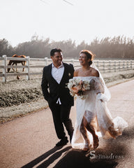 Chic A-line Off-the-shoulder Beach Wedding Dresses Rustic Lace Wedding Gowns MLK0495|Selinadress