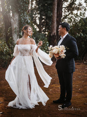 Chic A-line Off-the-shoulder Beach Wedding Dresses Rustic Lace Wedding Gowns MLK0495|Selinadress