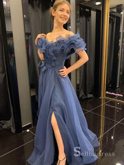 Chic A-line Off-the-shoulder Blue Long Prom Dresses Tulle Evening Gowns MHL2813|Selinadress