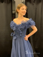 Chic A-line Off-the-shoulder Blue Long Prom Dresses Tulle Evening Gowns MHL2813|Selinadress