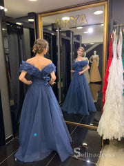 Chic A-line Off-the-shoulder Blue Long Prom Dresses Tulle Evening Gowns MHL2813|Selinadress