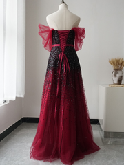 Chic A-line Off-the-shoulder Burgundy Long Prom Dress Beaded Luxury Evening Dress ASB011