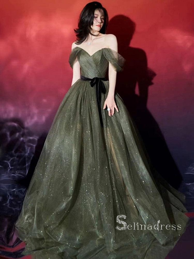 Chic A-line Off-the-shoulder Dark Green Long Prom Dresses Sparkly Evening Dress MSK002|Selinadress
