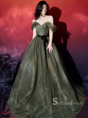 Chic A-line Off-the-shoulder Dark Green Long Prom Dresses Sparkly Evening Dress MSK002|Selinadress