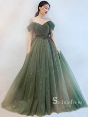 Chic A-line Off-the-shoulder Dark Green Long Prom Dresses Sparkly Evening Dress MSK002|Selinadress