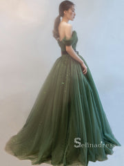 Chic A-line Off-the-shoulder Dark Green Long Prom Dresses Sparkly Evening Dress MSK002|Selinadress
