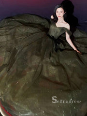 Chic A-line Off-the-shoulder Dark Green Long Prom Dresses Sparkly Evening Dress MSK002|Selinadress