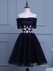 Chic A-line Off-the-shoulder Homecoming Dress Dark Navy Short Prom Dress MHL046|Selinadress