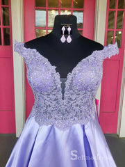 Chic A-line Off The Shoulder Lavender Long Prom Dresses Lace Evening Dress CBD307|Selinadress