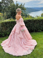 Chic A-line Off-the-shoulder Pink Long Prom Dresses Lace Evening Dress Bridal Dresses TKL051|Selinadress