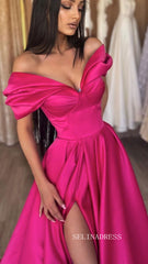 Chic A-line Off-the-shoulder Satin Long Prom Dress Thigh Split Elegant Party Dress #JKSS44|Selinadress