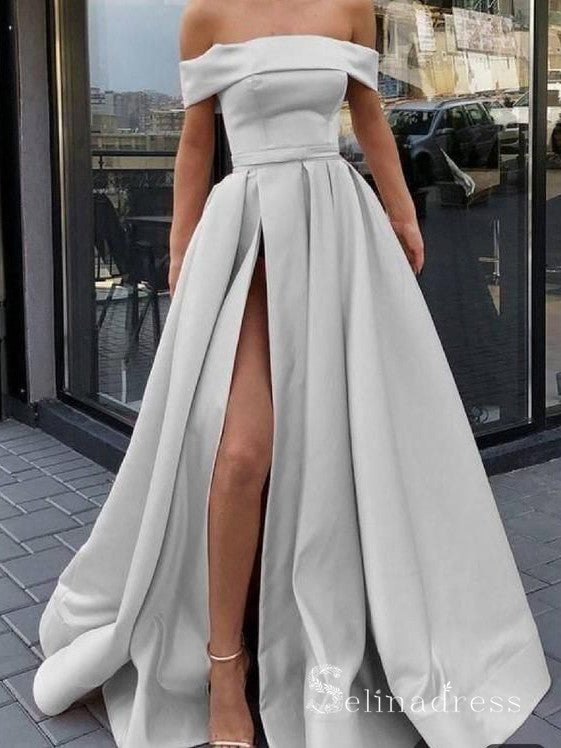 Chic A-line Off-the-shoulder Satin Long Prom Dresses Simple Evening Dress  CBD272