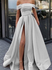Chic A-line Off-the-shoulder Satin Long Prom Dresses Simple Evening Dress CBD272|Selinadress