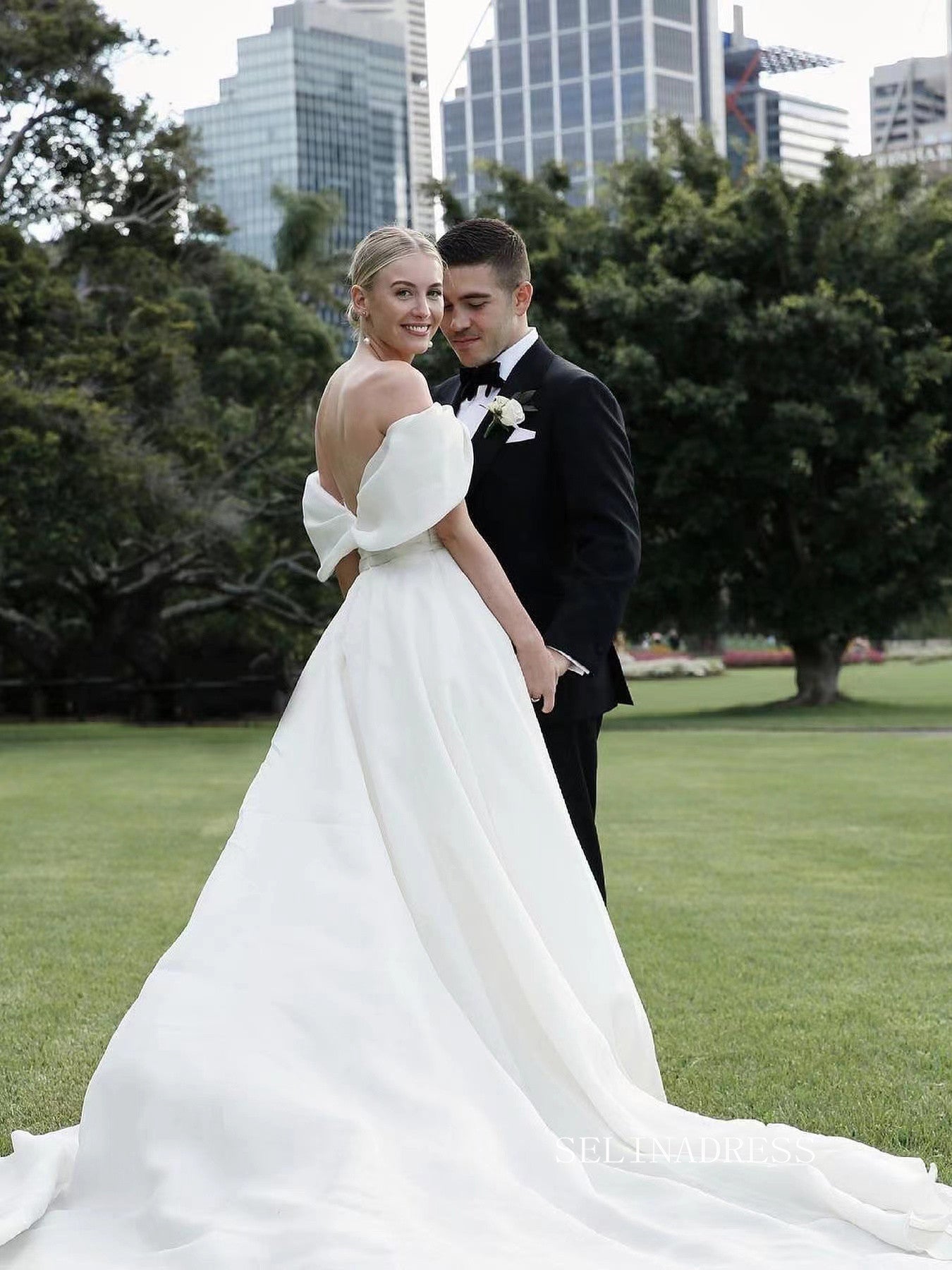 Chic A-line Off-the-shoulder Satin Wedding Dress Rustic White Bridal Gowns MLS039|Selinadress