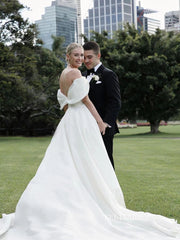 Chic A-line Off-the-shoulder Satin Wedding Dress Rustic White Bridal Gowns MLS039|Selinadress