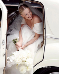 Chic A-line Off-the-shoulder Satin Wedding Dress Rustic White Bridal Gowns MLS039|Selinadress