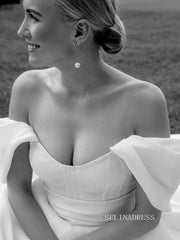 Chic A-line Off-the-shoulder Satin Wedding Dress Rustic White Bridal Gowns MLS039|Selinadress