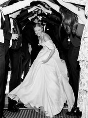 Chic A-line Off-the-shoulder Satin Wedding Dress Rustic White Bridal Gowns MLS039|Selinadress