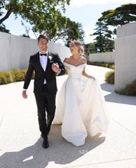 Chic A-line Off-the-shoulder Satin Wedding Dress Rustic White Bridal Gowns MLS042|Selinadress