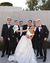 Chic A-line Off-the-shoulder Satin Wedding Dress Rustic White Bridal Gowns MLS042|Selinadress