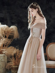 Chic A-line Off-the-Shoulder Long Prom Dresses Unique Formal Gowns CBD134