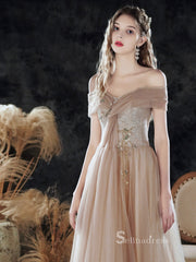 Chic A-line Off-the-Shoulder Long Prom Dresses Unique Formal Gowns CBD134