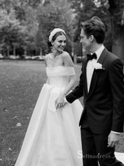 Chic A-line Off-the-shoulder White Simple Satin Wedding Dresses HKL0148|Selinadress