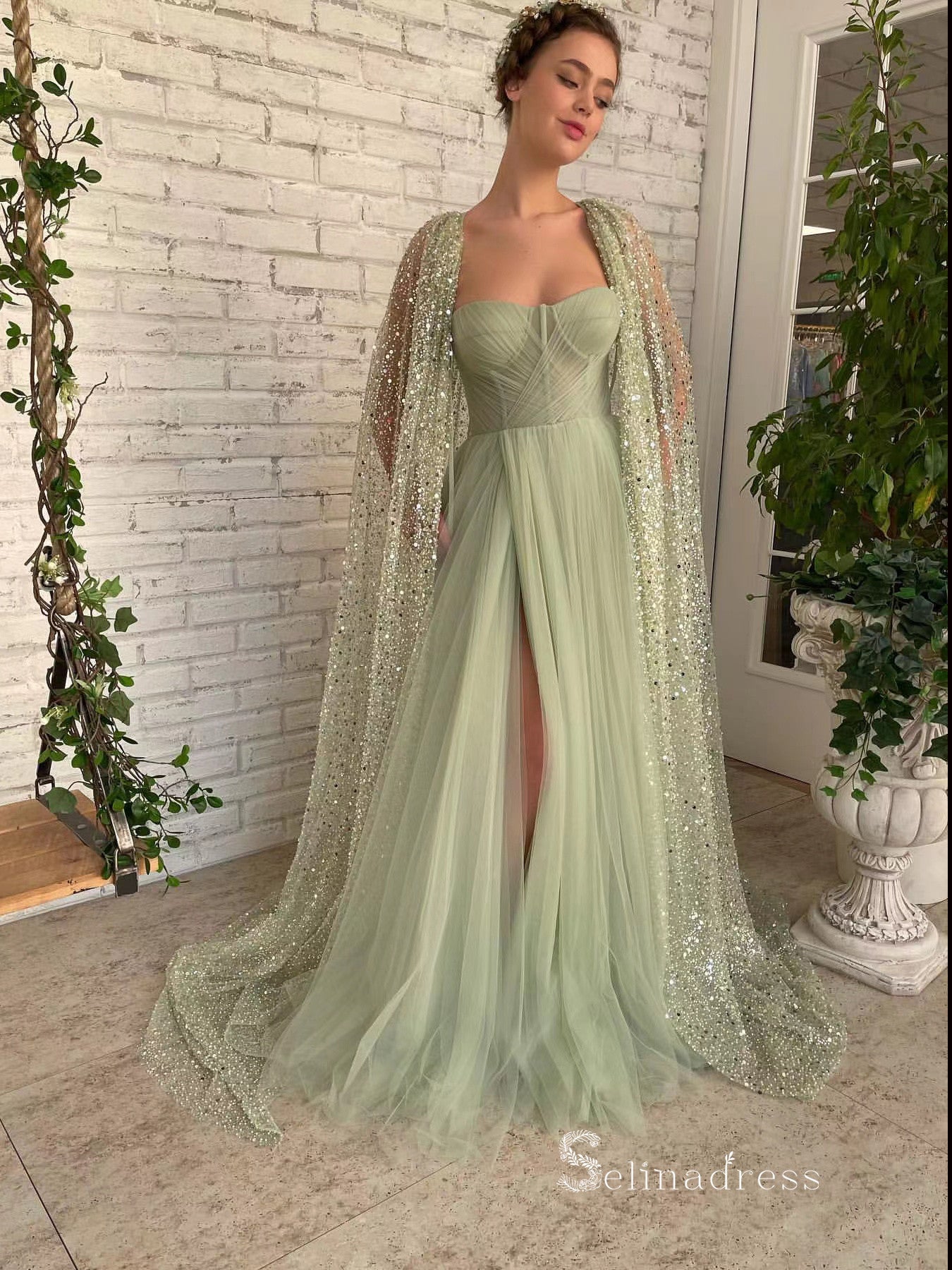 Chic A-line Sage Long Prom Dresses Modest Long Evening Gowns MLK020|Selinadress