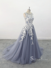 Chic A-line Scoop Blue Long Prom Dresses Applique Evening Dress MLK05165|Selinadress