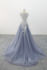 Chic A-line Scoop Blue Long Prom Dresses Applique Evening Dress MLK05165|Selinadress