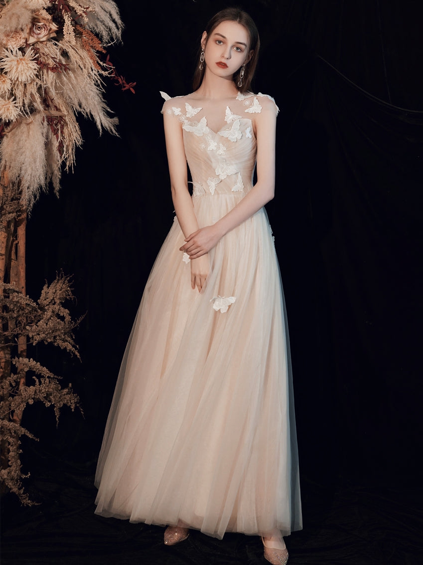 Chic A-line Scoop Champagne Long Prom Dresses Ruffles Long Formal Gowns Evening Dress OSTY067|Selinadress