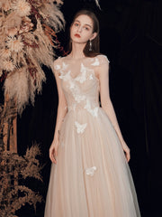 Chic A-line Scoop Champagne Long Prom Dresses Ruffles Long Formal Gowns Evening Dress OSTY067|Selinadress