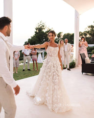 Chic A-line Spaghetti Straps 3D Floral Lace Wedding Dress Rustic Bridal Gowns JKW202|Selinadress