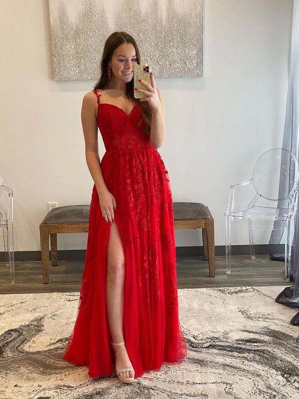 Chic A-line Spaghetti Straps Applique Lace Long Prom Dress Red Elegant Evening Dress #JKSS47|Selinadress