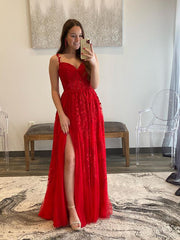Chic A-line Spaghetti Straps Applique Lace Long Prom Dress Red Elegant Evening Dress #JKSS47|Selinadress
