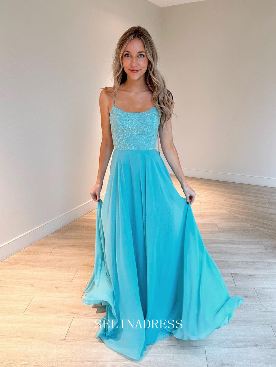 Chic A-line Spaghetti Straps Beaded Elegant Prom Dress Cheap Formal Gown Evening Dress #LOP208|Selinadress