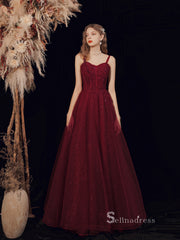 Chic A-line Spaghetti Straps Burgundy Long Prom Dresses Unique Formal Gowns CBD113