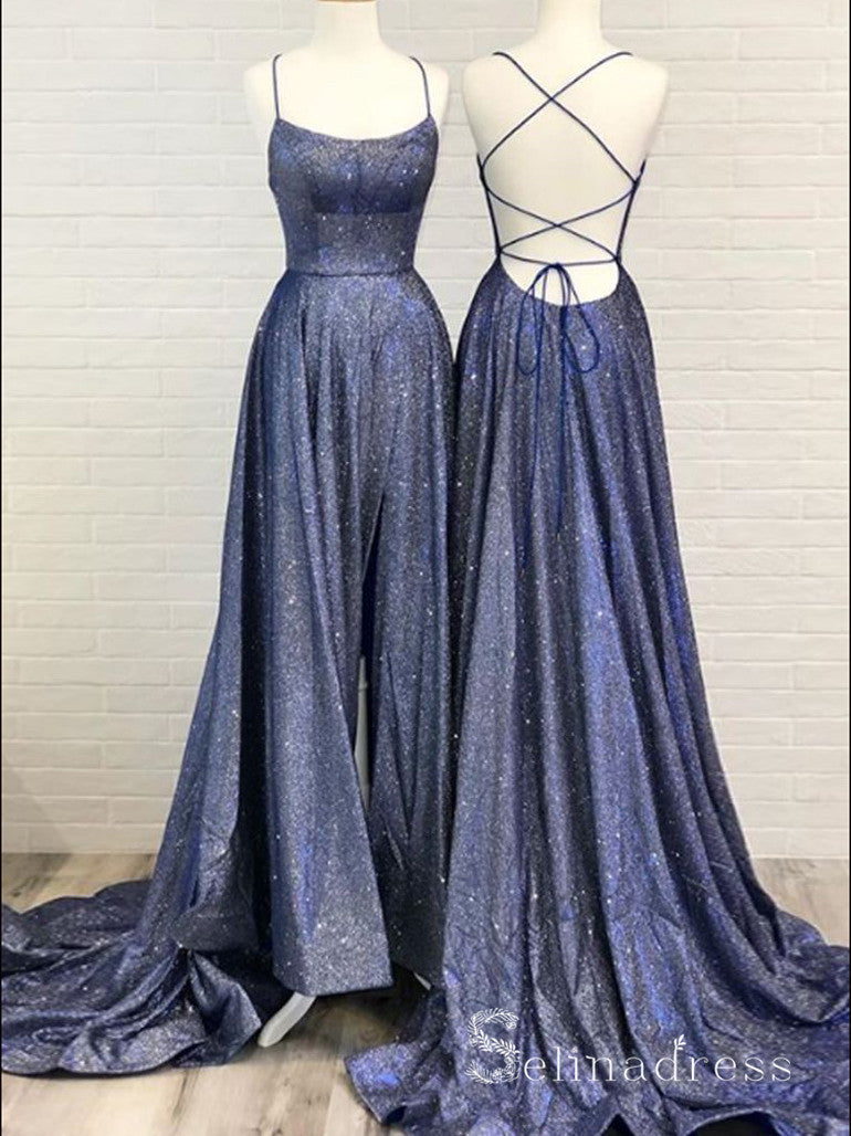 Chic A-line Spaghetti Straps Dark Navy Long Prom Dresses Sparkly Evening Dress CBD282|Selinadress