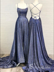 Chic A-line Spaghetti Straps Dark Navy Long Prom Dresses Sparkly Evening Dress CBD282|Selinadress